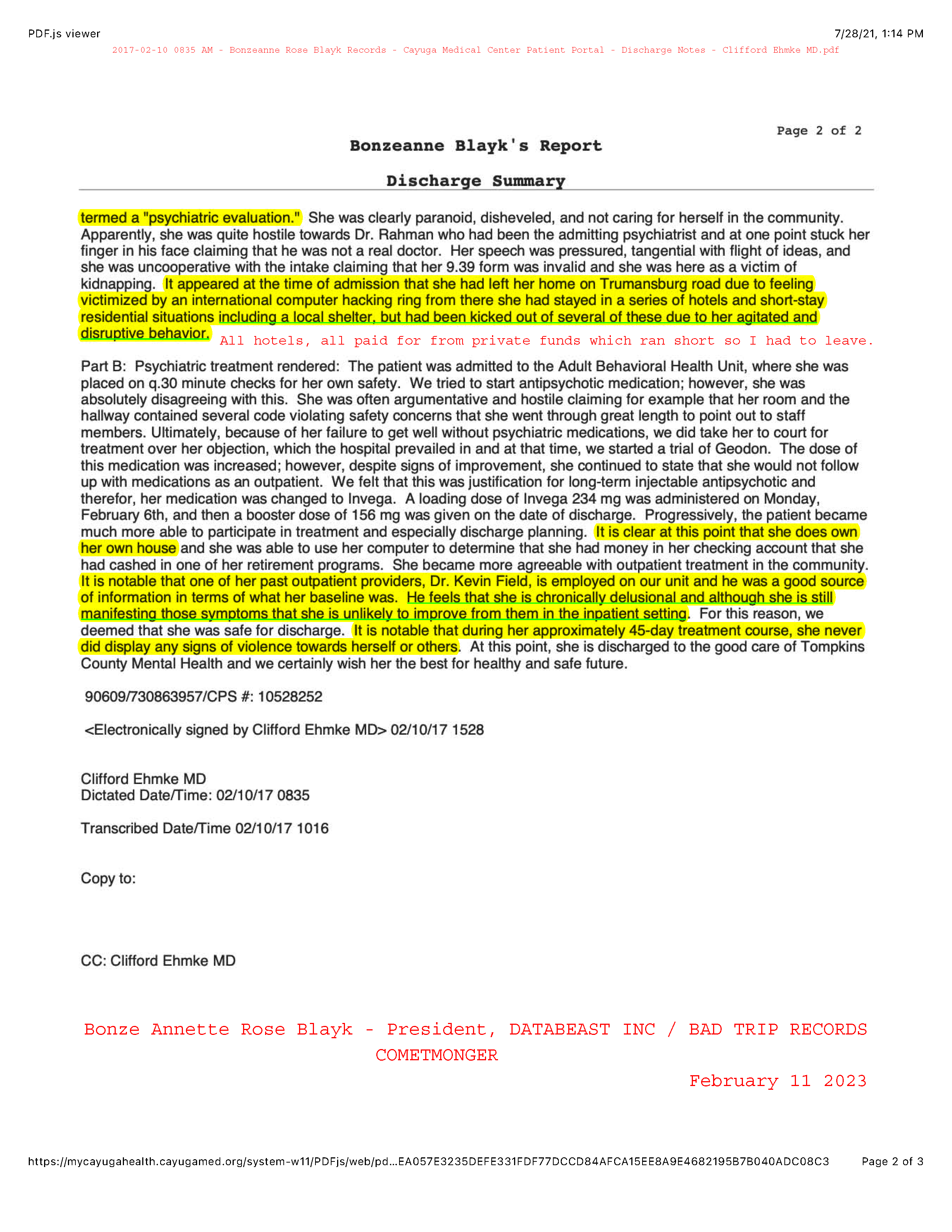 ./2017-02-10 0835 AM - Bonzeanne Rose Blayk Records - Cayuga Medical Center BSU Discharge Notes Clifford Ehmke MD - INVENTED 9.41, 'average intellect' NO VIOLENT BEHAVIOR - p 02.png